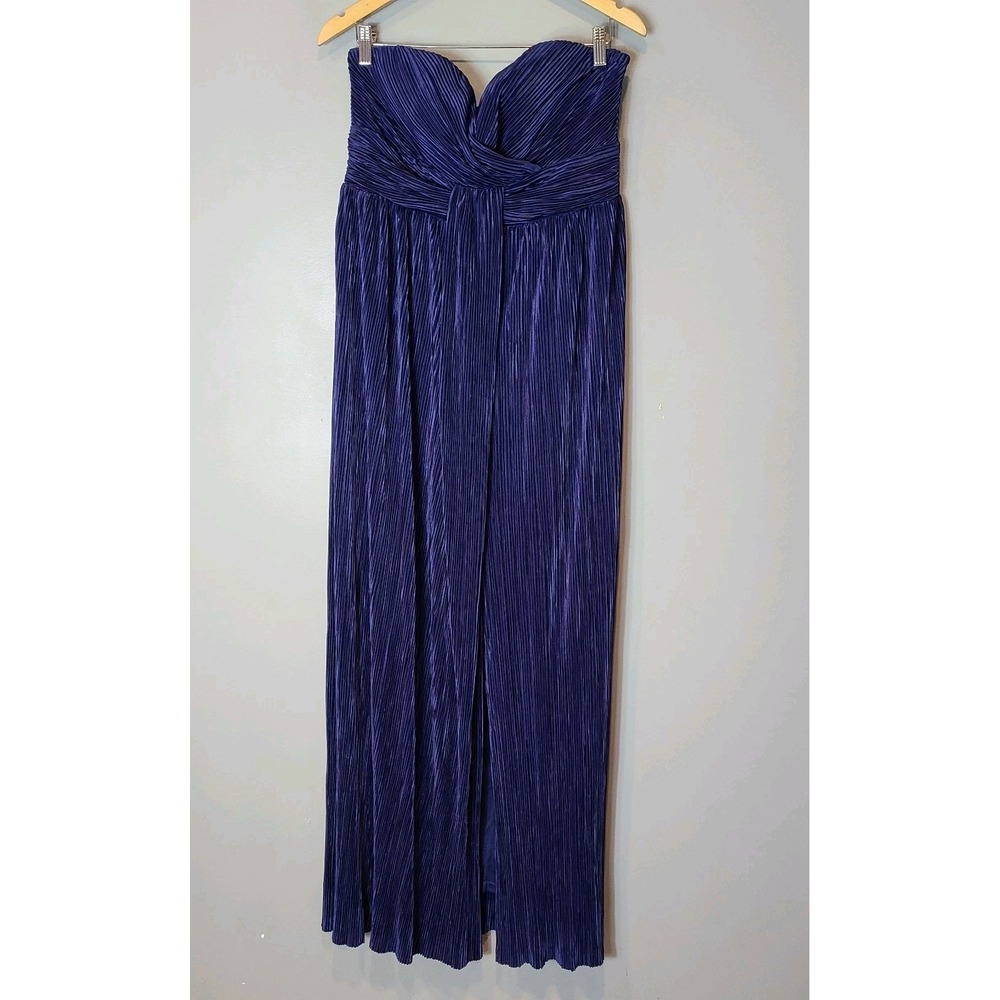 Lulus Navy Blue Pleated Satin Plisse Strapless Maxi Formal Dress Sz XL Wedding